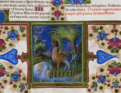 Frise de bordure au pied de la page avec animal monstrueux dans un paysage, Volume II, f 207, v, Bible de Borso d