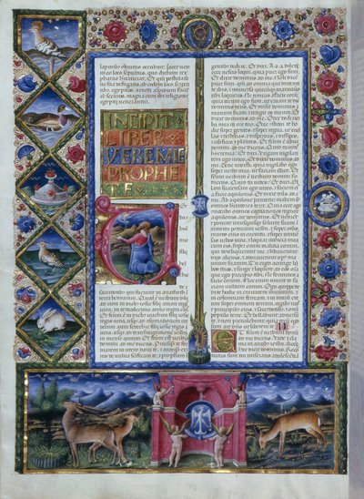 Incipit du livre de Jérémie représentant le prophète dans une lettrine, de la Bible de Borso d
