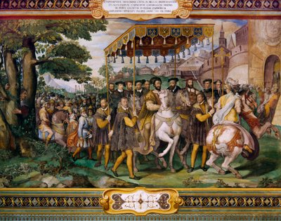 François Ier accueillant Charles V et le cardinal Alessio Farnese à Paris, par Taddeo Zuccari (1529-1566), Palazzo Farnese, Caprarola, Italie - Taddeo Zuccari