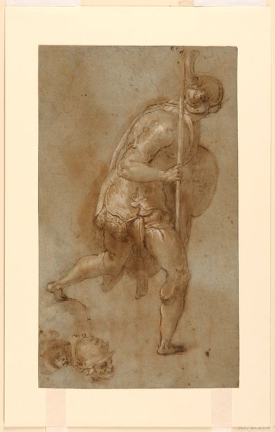 Soldat courant : Étude pour une figure au premier plan à gauche, "La trahison du Christ," Rome, S. Maria della Consolazione, chapelle Matttei ; Études séparées de deux têtes - Taddeo Zuccaro