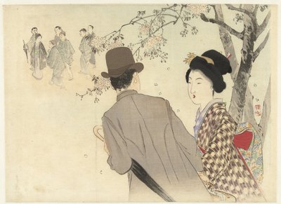 Homme avec chapeau melon et parapluie et dame en kimono - Takeuchi Keishū
