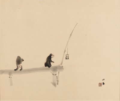 Gravure sur bois - Deux singes sur un quai, fin du XIXe-début du XXe siècle - Takeuchi Seiko