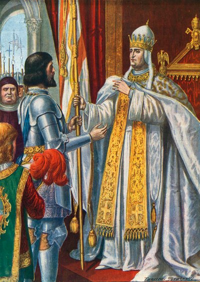 Alberico da Barbiano reçoit un drapeau du Pape Urbain VI disant 
