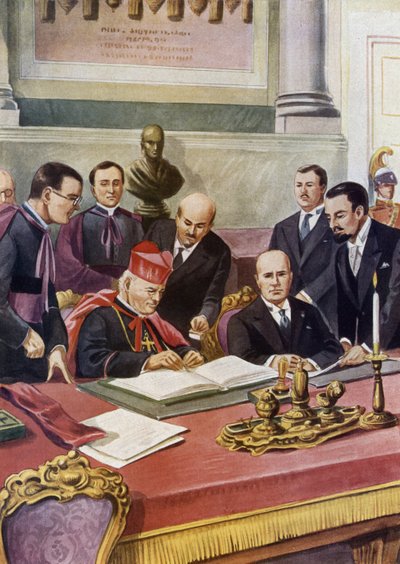 Signature des accords du Latran entre le gouvernement italien (fasciste) et le Saint-Siège garantissant la souveraineté du Pape au Vatican et officialisant la religion catholique en Italie - Tancredi Scarpelli