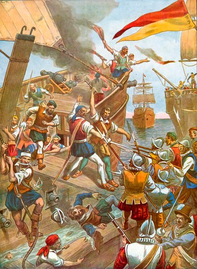 Le navire San Gabriele de la flotte de Loayse attaqué par trois navires français - Tancredi Scarpelli