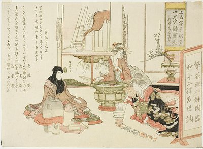 Courtisan jouant de la musique avec des coupes et des bols - Teisai Hokuba