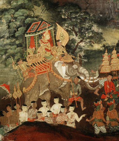 Le roi Vessantara sur un éléphant blanc rencontre les brahmanes, scène du Vessantara Jataka, début du XIXe siècle - Thai School