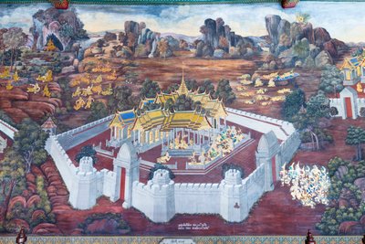 Fresque représentant des scènes du Ramayana au Wat Phra Kaeo, le Palais Royal, Bangkok, Thaïlande - Thai School