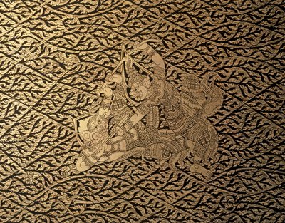 ART THAI : Un épisode du "Ramayana" avec une décoration de Kra Nak. Coffret à livres, Bangkok St... - Thai School