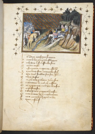MacMorogh, le chef irlandais, approchant le duc de Gloucester, MS Harley 1319, f.9r - The Virgil Master
