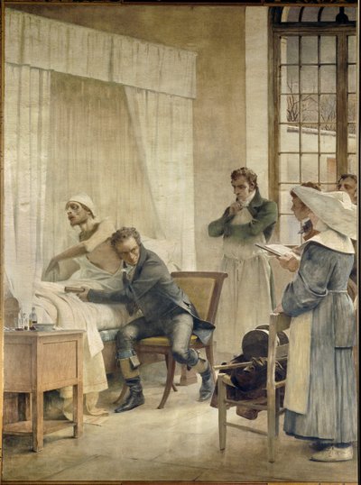 René Laennec auscultant un phtisique devant ses élèves. René-Théophile-Hyacinthe Laennec (1781-1826), médecin français, inventeur du stéthoscope - Theobald Chartran