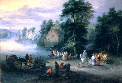 Paysage fluvial boisé avec figures et bétail - Theobald Michau