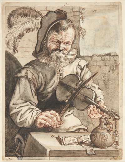 Un violoniste, demi-figure de face, assis devant une table avec des partitions, une cruche et un verre - Theodor Matham