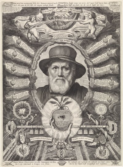 Portrait de Dirck Volckertsz. Coornhert dans un cadre allégorique - Theodor Matham
