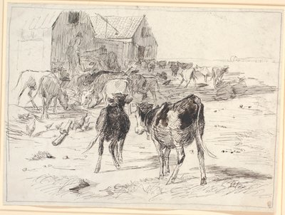 Récolte de foin à Saltholm. Veaux rassemblés autour des chariots près de la grange - Theodor Philipsen