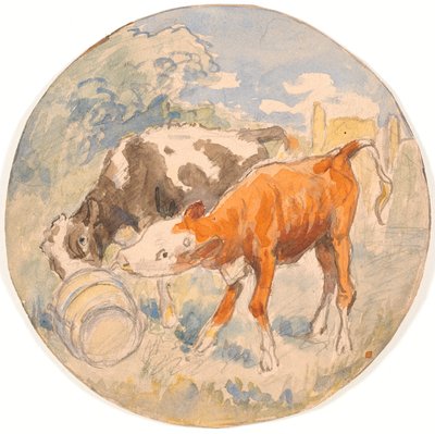 Deux veaux en plein air, léchant un pissenlit renversé (esquisse pour un plat en céramique) - Theodor Philipsen