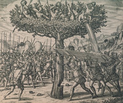 Indigènes se cachant dans les arbres combattant les conquérants - Theodor de Bry