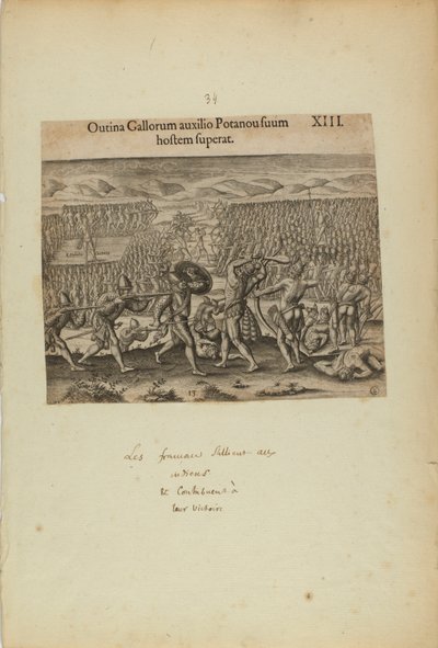 Outina Gallorum Auxilio Potanou Suum Hostem Superat. XIII. (extrait du livre Americae, deuxième partie) - Theodor de Bry