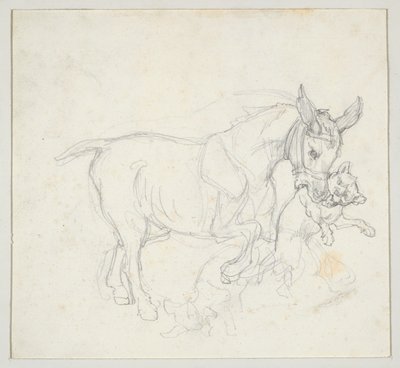 Âne tenant un chien dans sa gueule (recto) ; Étude de cerfs pourchassés par des chiens, tête de biche (verso) - Theodore Gericault