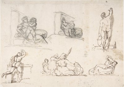 Six études de personnages, dont quatre pour « La pauvre famille italienne » - Theodore Gericault