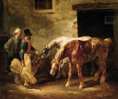 Deux chevaux de poste à la porte d