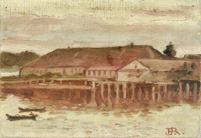 Bâtiments du poste de traite et du quai, Sitka, soirée - Theodore J. Richardson