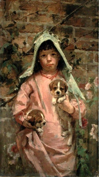 Fille avec des chiots - Theodore Robinson