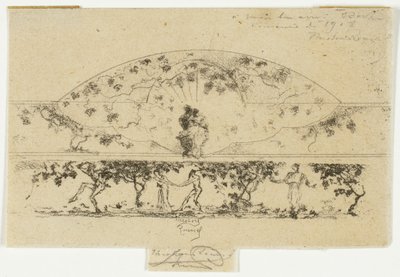 Jupiter et Alcmène et nymphes et satyres sur un médaillon de frise, étude pour la décoration d