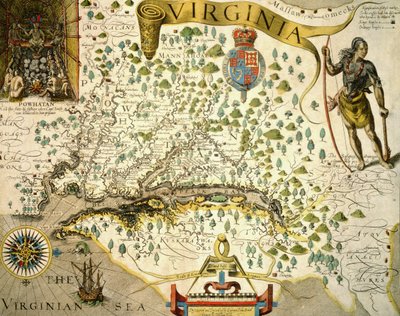 Carte de Virginie, montrant en haut à gauche une image du chef Powhatan par John Smith (1580-1631) 1624 - Theodore de (after) Bry