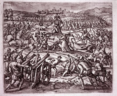 Un moine dominicain, se sentant moqué par le roi inca Atahualpa (Atabaliba), encourage Francisco Pizarro à se venger (Gravure) - Theodore de Bry