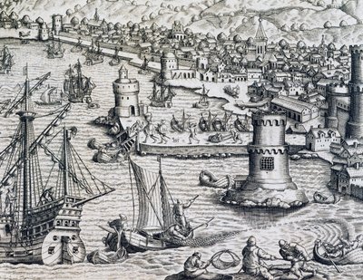Arrivée de Girolamo Benzoni au port de La Palma, gravure de Historia Americae, par Theodor de Bry (1528-1598), Francfort - Theodore de Bry