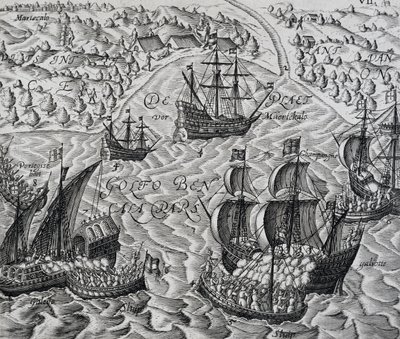 Bataille devant la ville de Matical dans la baie du Bengale, gravure de Indiae Orientalis, par Theodor de Bry (1528-1598) - Theodore de Bry