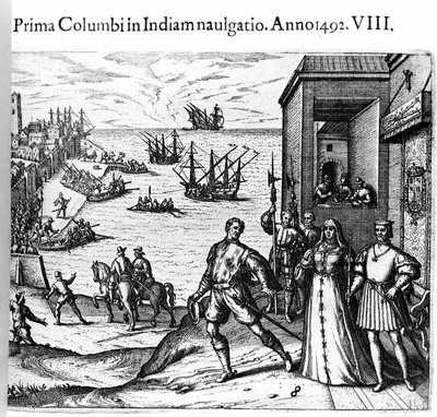Christophe Colomb et les frères Pinzon quittant le port de Palos en Espagne le 03/08/1492 pour le Nouveau Monde. À droite, le roi et la reine du Portugal, Ferdinand II d