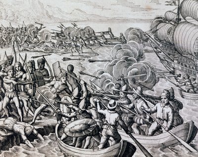 Affrontement entre Indiens natifs et troupes espagnoles, gravure tirée de Historia Americae, par Theodor de Bry (1528-1598), Francfort - Theodore de Bry