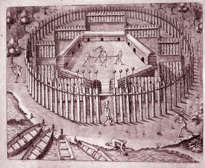 Système de défense des huttes indiennes par une double rangée de troncs d