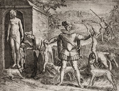 Description des crimes infligés aux Indiens par les colons espagnols - Conquistadors espagnols massacrant des femmes et des enfants indiens. Pendaison. Enfants jetés aux chiens - Gravure de Théodore de Bry dans "Narratio regionum indicarum per Hispanos quo - Theodore de Bry