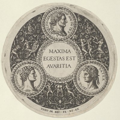 Conception pour un plat avec des portraits des empereurs romains Vitellius, Domitien et Auguste, vers 1588 - Theodore de Bry