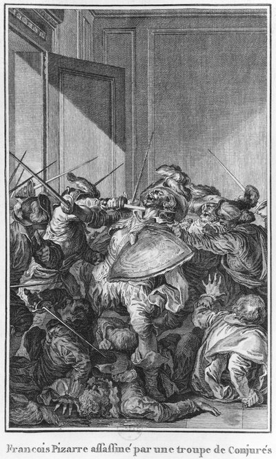 Francisco Pizarro assassiné par une armée de conspirateurs, 1541 - Theodore de Bry