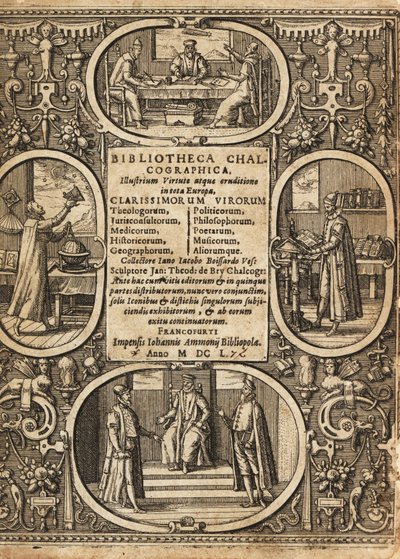 Frontispice avec vignettes de scientifiques dans des bordures - Theodore de Bry