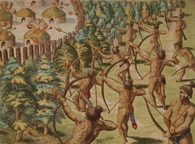 Attaque nocturne sur un village indien avec des flèches enflammées - Theodore de Bry