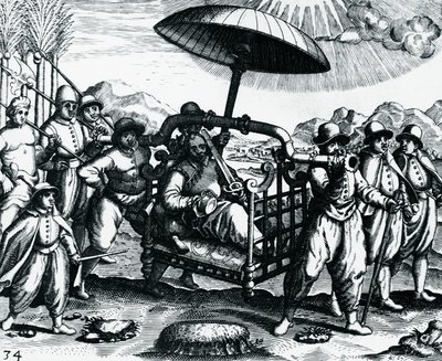 Portugais en Inde, transportés en litière, gravure tirée de Peregrinationes, par Theodor de Bry (1528-1598), Inde - Theodore de Bry