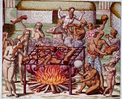 Scène de cannibalisme au Brésil. Les Indiens dévoraient leurs ennemis et prisonniers. Gravure de « Admirante Narratio Americae » par Théodore de Bry (1528-1598) - Theodore de Bry