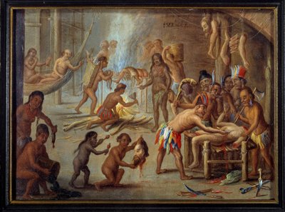 Scène de cannibalisme au Brésil en 1644 (les Indiens dévoraient leurs ennemis et prisonniers) - Theodore de Bry