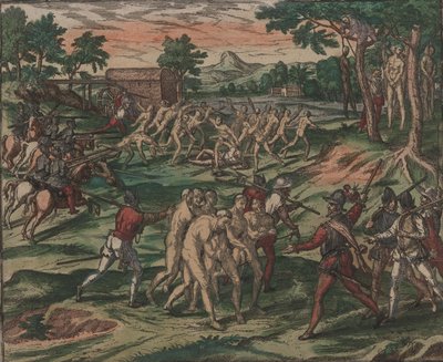 Les esclaves tentent de vaincre leurs propriétaires espagnols, mais sont capturés et pendus aux arbres, 1595 - Theodore de Bry