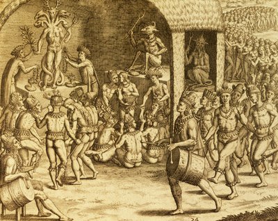 Rite religieux indigène sud-américain, gravure de Historia americae, par Theodor de Bry, Francfort - Theodore de Bry