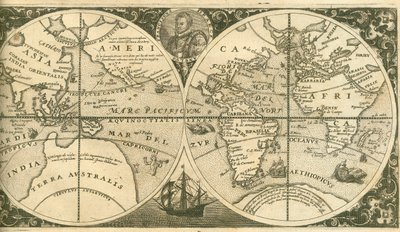 Page de titre de Americae Pars VIII avec un portrait de Francis Drake et son navire, le Golden Hind - Theodore de Bry