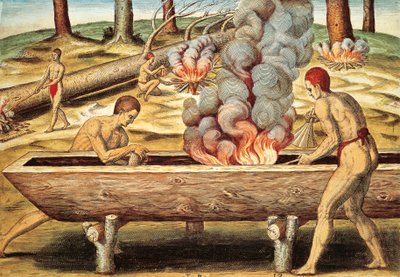 Indigènes de Virginie construisant une pirogue - Theodore de Bry