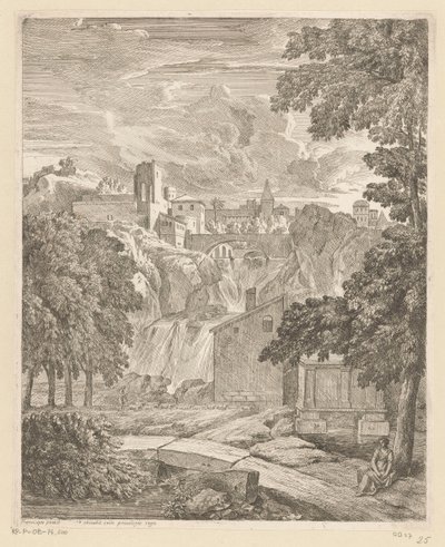 Paysage arcadien avec une cascade et une femme sous un arbre - Théodore