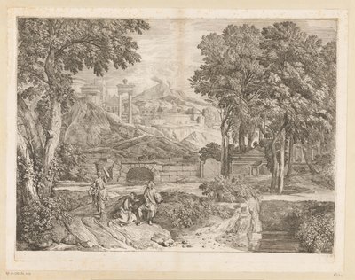 Paysage arcadien avec deux hommes et une femme portant des fruits - Théodore