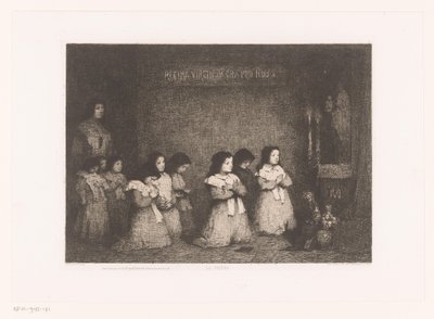 Groupe de filles en prière devant une statue de Marie (La Prière, Eaux-Fortes Modernes: Originales et Inédites) - Théodule Augustin Ribot